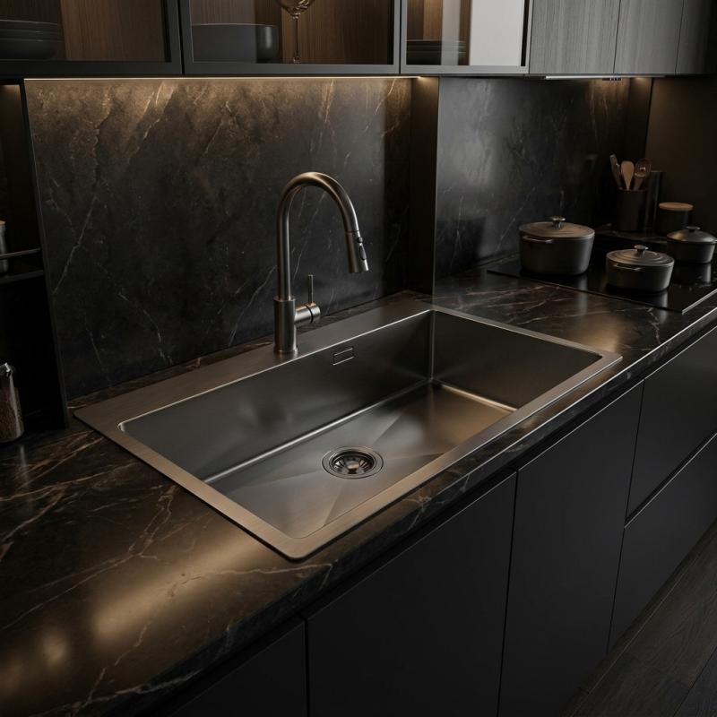 Pure.Sink Luxion Grote Gun metal spoelbak 78x50 cm Tapwing met kraangatbank PLX7850T-61